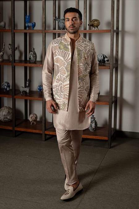 Mishru_Ivory Organza, Silk, Cotton, Lycra Applique Ansh Embroidered Bundi And Kurta Set _at_Aza_Fashions