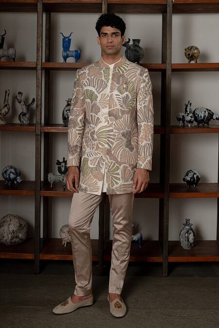 Buy_Mishru_Ivory Organza Applique, Embroidery Ansh Sherwani Set _Online_at_Aza_Fashions