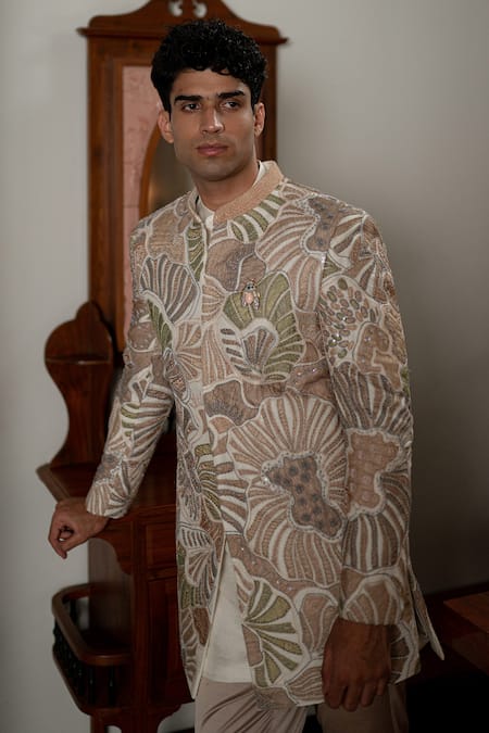 Shop_Mishru_Ivory Organza Applique, Embroidery Ansh Sherwani Set _Online_at_Aza_Fashions