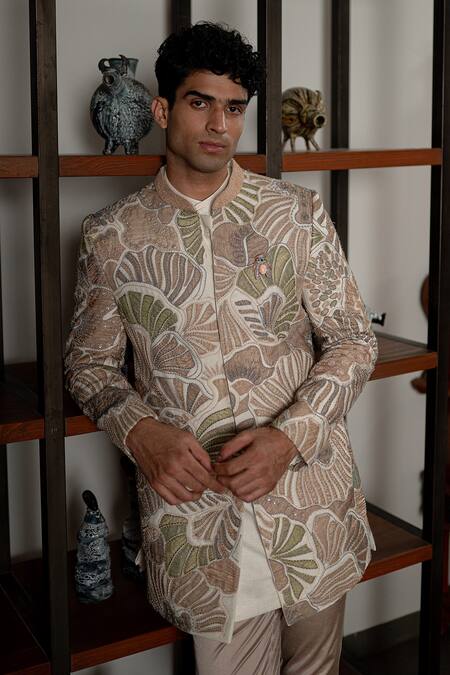 Mishru_Ivory Organza Applique, Embroidery Ansh Sherwani Set _at_Aza_Fashions