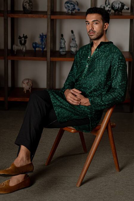 Shop_Mishru_Green Chanderi Embroidery Khari Kurta And Pant Set _Online_at_Aza_Fashions