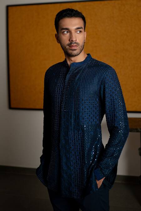 Buy_Mishru_Navy Chanderi, Cotton, Lycra Embroidery, Sequins Levi Kurta And Pant Set _Online_at_Aza_Fashions