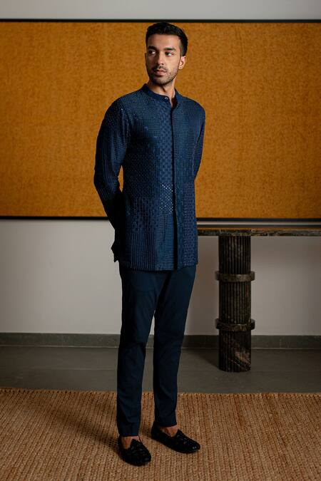 Shop_Mishru_Navy Chanderi, Cotton, Lycra Embroidery, Sequins Levi Kurta And Pant Set _Online_at_Aza_Fashions