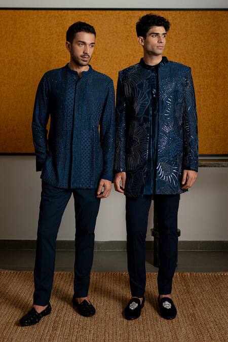 Mishru_Navy Chanderi, Cotton, Lycra Embroidery, Sequins Levi Kurta And Pant Set _at_Aza_Fashions