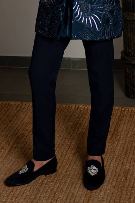 Mishru Navy Chanderi, Cotton, Lycra Embroidery, Sequins Arsh Open Sherwani Set Online at Aza Fashions Mishru_Navy Chanderi, Cotton, Lycra Embroidery, Sequins Arsh Open Sherwani Set _Online_at_Aza_Fashions