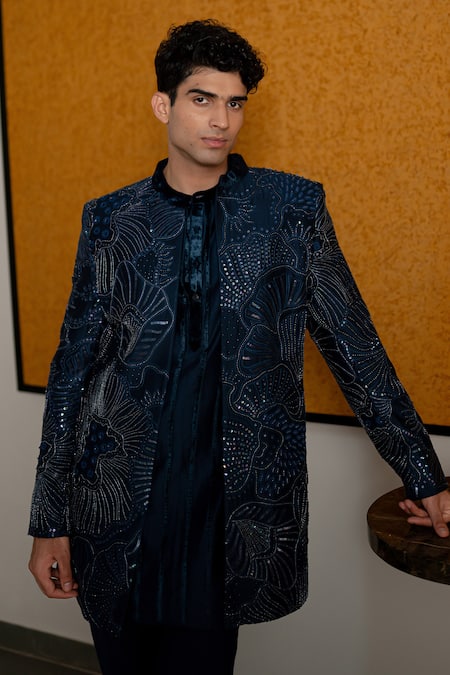 Buy Mishru Navy Chanderi, Cotton, Lycra Embroidery, Sequins Arsh Open Sherwani Set Online at Aza Fashions Buy_Mishru_Navy Chanderi, Cotton, Lycra Embroidery, Sequins Arsh Open Sherwani Set _Online_at_Aza_Fashions
