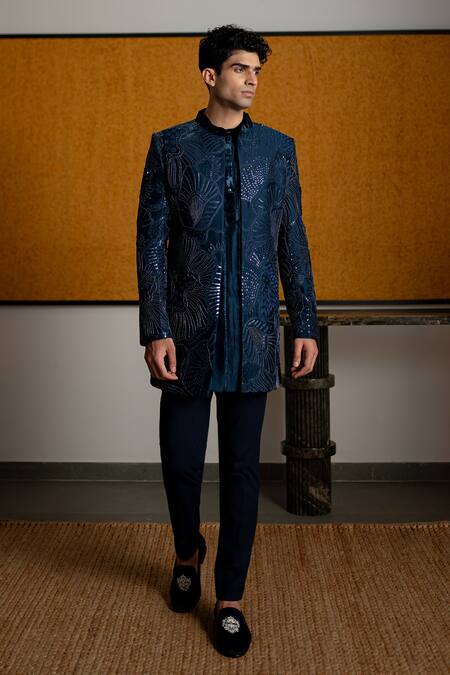 Shop Mishru Navy Chanderi, Cotton, Lycra Embroidery, Sequins Arsh Open Sherwani Set Online at Aza Fashions Shop_Mishru_Navy Chanderi, Cotton, Lycra Embroidery, Sequins Arsh Open Sherwani Set _Online_at_Aza_Fashions