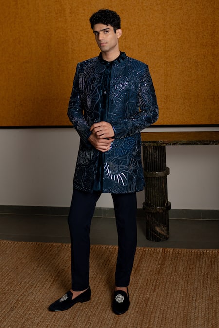 Mishru Navy Chanderi, Cotton, Lycra Embroidery, Sequins Arsh Open Sherwani Set at Aza Fashions Mishru_Navy Chanderi, Cotton, Lycra Embroidery, Sequins Arsh Open Sherwani Set _at_Aza_Fashions