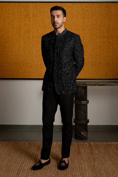 Mishru_Black Silk, Cotton, Lycra Embroidery, Beads Iver Jodhpuri Jacket And Pant Set _Online_at_Aza_Fashions