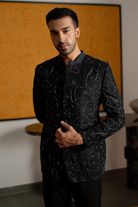 Buy_Mishru_Black Silk, Cotton, Lycra Embroidery, Beads Iver Jodhpuri Jacket And Pant Set _Online_at_Aza_Fashions