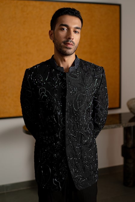 Shop_Mishru_Black Silk, Cotton, Lycra Embroidery, Beads Iver Jodhpuri Jacket And Pant Set _Online_at_Aza_Fashions
