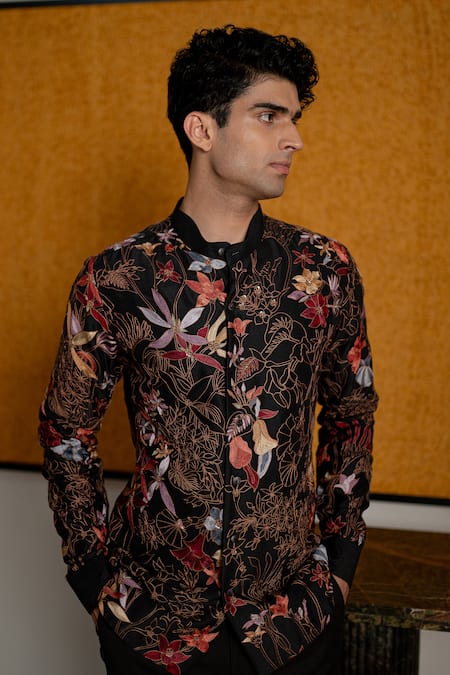 Buy_Mishru_Black Dupion, Cotton, Lycra Embroidery Denis Shirt And Pant Set _Online_at_Aza_Fashions