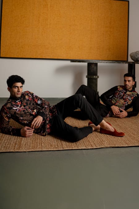 Shop_Mishru_Black Dupion, Cotton, Lycra Embroidery Denis Shirt And Pant Set _Online_at_Aza_Fashions