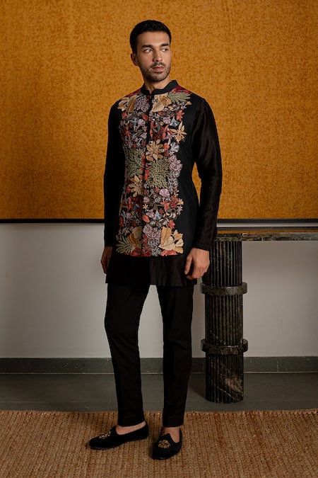 Mishru_Black Dupion, Chanderi, Cotton, Lycra Embroidery Nico Bundi Kurta Set _Online_at_Aza_Fashions
