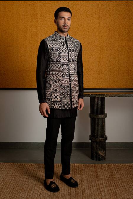 Mishru_Black Dupion, Chanderi, Lycra Embroidery Ares Bundi And Kurta Set _Online_at_Aza_Fashions