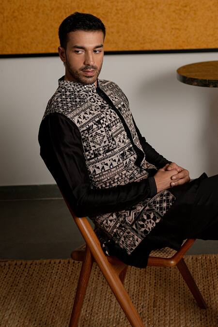 Buy_Mishru_Black Dupion, Chanderi, Lycra Embroidery Ares Bundi And Kurta Set _Online_at_Aza_Fashions