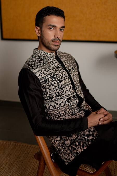 Shop_Mishru_Black Dupion, Chanderi, Lycra Embroidery Ares Bundi And Kurta Set _Online_at_Aza_Fashions