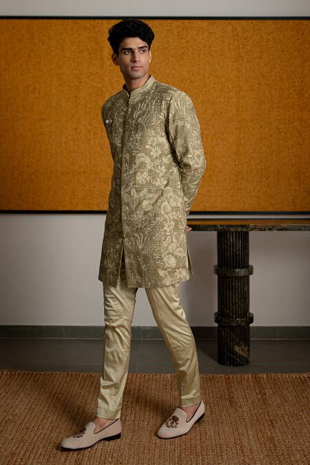 Mishru_Olive Green Tussar, Cotton, Lycra Embroidery, Brooches Rhys Sherwani Set _Online_at_Aza_Fashions