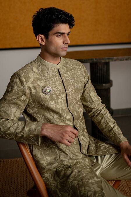 Buy_Mishru_Olive Green Tussar, Cotton, Lycra Embroidery, Brooches Rhys Sherwani Set _Online_at_Aza_Fashions