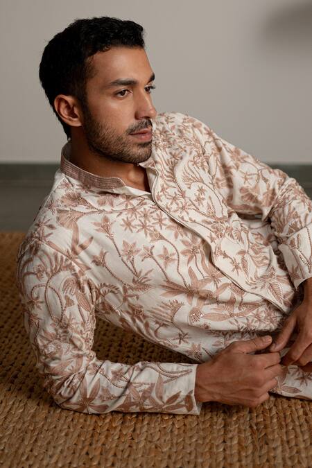 Mishru_Ivory Linen, Cotton, Lycra Embroidery Rhys Kurta Set _Online_at_Aza_Fashions