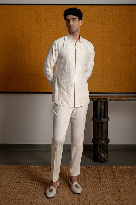 Shop_Mishru_Ivory Silk, Dupion, Cotton, Lycra Embroidery Lino Bundi Set _Online_at_Aza_Fashions