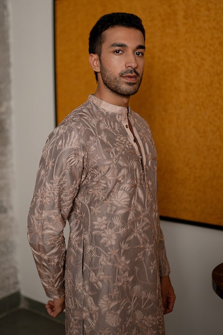 Mishru_Gray Dupion, Cotton, Lycra Embroidery Avyan Kurta Set _Online_at_Aza_Fashions