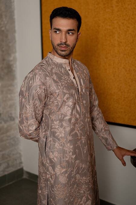 Buy_Mishru_Gray Dupion, Cotton, Lycra Embroidery Avyan Kurta Set _Online_at_Aza_Fashions