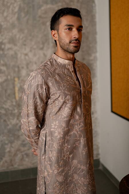 Shop_Mishru_Gray Dupion, Cotton, Lycra Embroidery Avyan Kurta Set _Online_at_Aza_Fashions