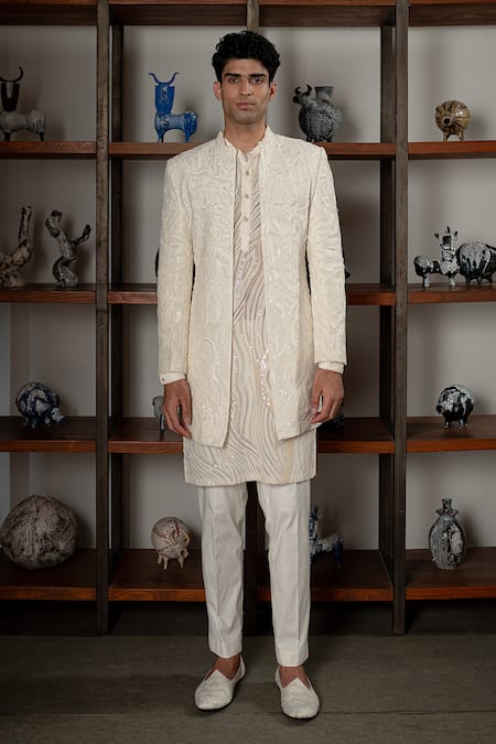 Mishru_Ivory Dupion, Organza, Cotton, Lycra Sequins, Embroidery Zale Open Sherwani Set _Online_at_Aza_Fashions