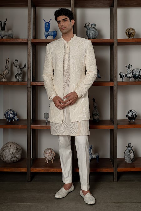 Buy_Mishru_Ivory Dupion, Organza, Cotton, Lycra Sequins, Embroidery Zale Open Sherwani Set _Online_at_Aza_Fashions