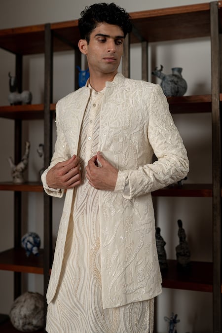 Buy_Mishru_Ivory Dupion, Organza, Cotton, Lycra Sequins, Embroidery Zale Open Sherwani Set 