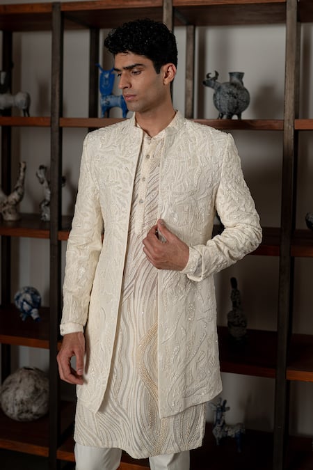 Shop Mishru Ivory Organza Sequins, Beads Ezra Embroidered Kurta Set at Aza Fashions Shop_Mishru_Ivory Organza Sequins, Beads Ezra Embroidered Kurta Set _at_Aza_Fashions