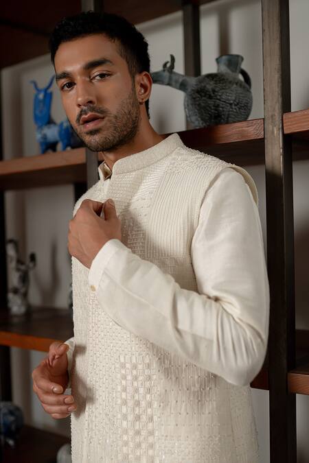 Buy_Mishru_Ivory Chanderi, Cotton, Lycra Embroidery, Beads Levi Bundi And Kurta Set _Online_at_Aza_Fashions