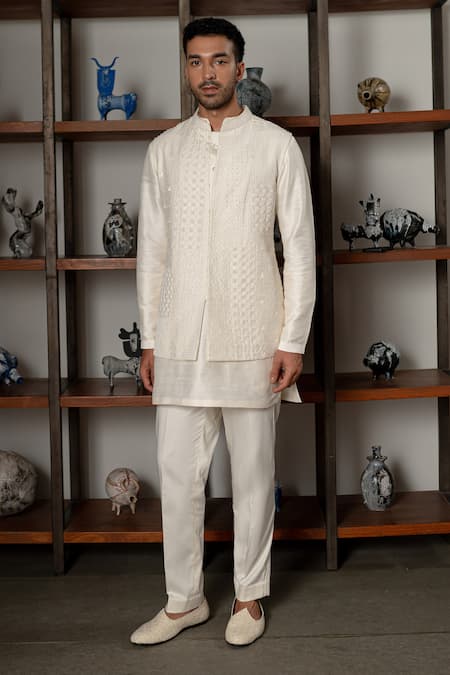 Shop_Mishru_Ivory Chanderi, Cotton, Lycra Embroidery, Beads Levi Bundi And Kurta Set _Online_at_Aza_Fashions