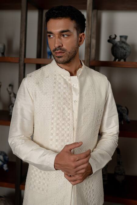 Mishru_Ivory Chanderi, Cotton, Lycra Embroidery, Beads Levi Bundi And Kurta Set _at_Aza_Fashions