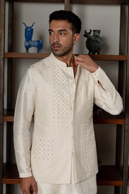 Buy_Mishru_Ivory Chanderi, Cotton, Lycra Embroidery, Beads Levi Bundi And Kurta Set 