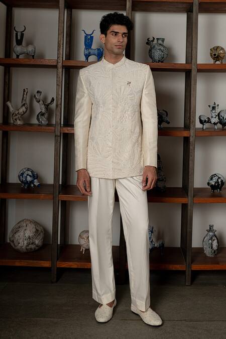 Buy_Mishru_Ivory Silk, Cotton Embroidery Adhva Jodhpuri Jacket Set _Online_at_Aza_Fashions