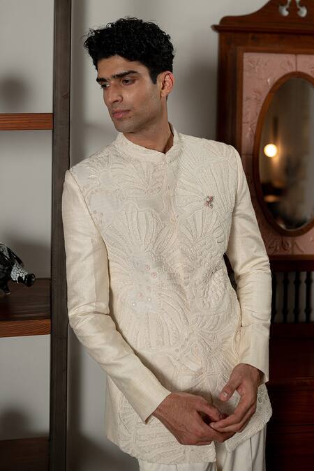 Shop_Mishru_Ivory Silk, Cotton Embroidery Adhva Jodhpuri Jacket Set _Online_at_Aza_Fashions
