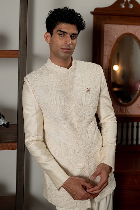 Mishru_Ivory Silk, Cotton Embroidery Adhva Jodhpuri Jacket Set _at_Aza_Fashions