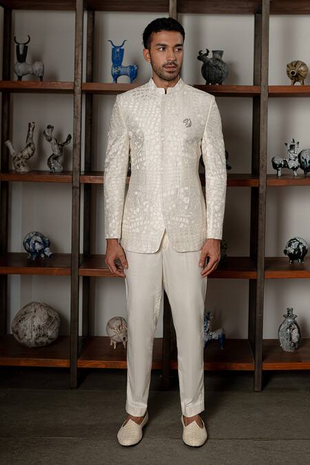 Buy_Mishru_Ivory Chanderi, Cotton, Lycra Embroidery Khari Jodhpuri Jacket Set _Online_at_Aza_Fashions