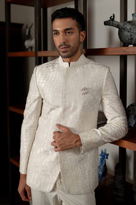 Shop_Mishru_Ivory Chanderi, Cotton, Lycra Embroidery Khari Jodhpuri Jacket Set _Online_at_Aza_Fashions