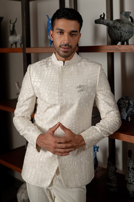 Mishru_Ivory Chanderi, Cotton, Lycra Embroidery Khari Jodhpuri Jacket Set _at_Aza_Fashions