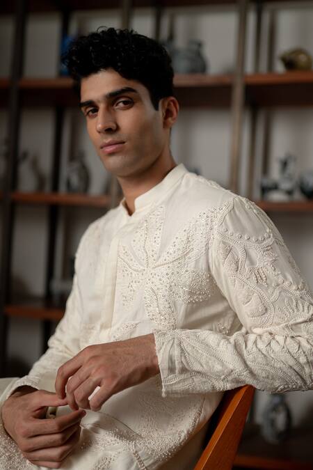 Mishru_Ivory Chanderi, Cotton, Lycra Embroidery, Sequins, Beads Aarav Kurta Set _Online_at_Aza_Fashions