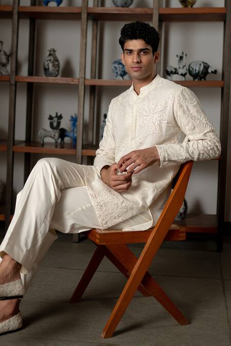 Buy_Mishru_Ivory Chanderi, Cotton, Lycra Embroidery, Sequins, Beads Aarav Kurta Set _Online_at_Aza_Fashions
