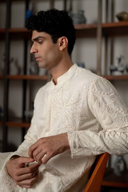 Shop_Mishru_Ivory Chanderi, Cotton, Lycra Embroidery, Sequins, Beads Aarav Kurta Set _Online_at_Aza_Fashions