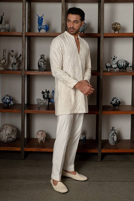 Mishru_Ivory Chanderi, Cotton, Lycra Embroidery Ezra Kurta Set _Online_at_Aza_Fashions
