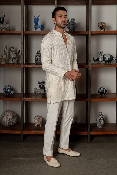 Buy_Mishru_Ivory Chanderi, Cotton, Lycra Embroidery Ezra Kurta Set _Online_at_Aza_Fashions