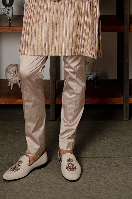 Mishru_Beige Dupion, Satin Embroidery Sylas Kurta Set _Online_at_Aza_Fashions