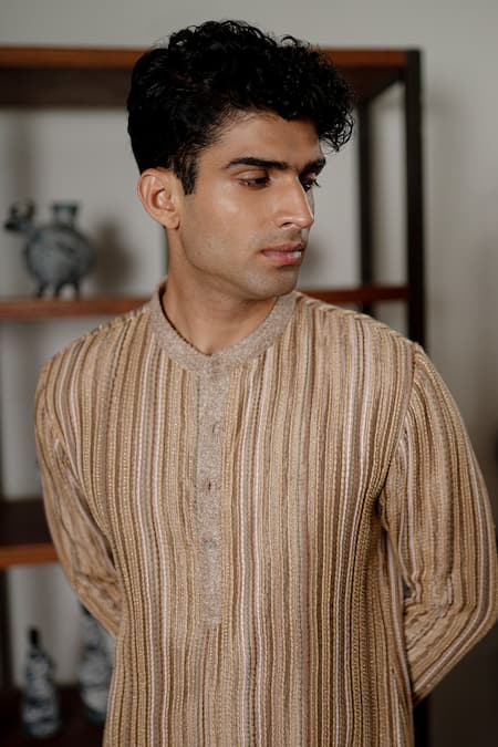 Buy_Mishru_Beige Dupion, Satin Embroidery Sylas Kurta Set _Online_at_Aza_Fashions