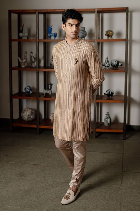 Shop_Mishru_Beige Dupion, Satin Embroidery Sylas Kurta Set _Online_at_Aza_Fashions